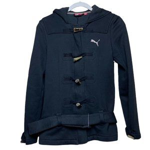 (108) Puma Hooded Black Coat with Zipper Horn Buttons Belt